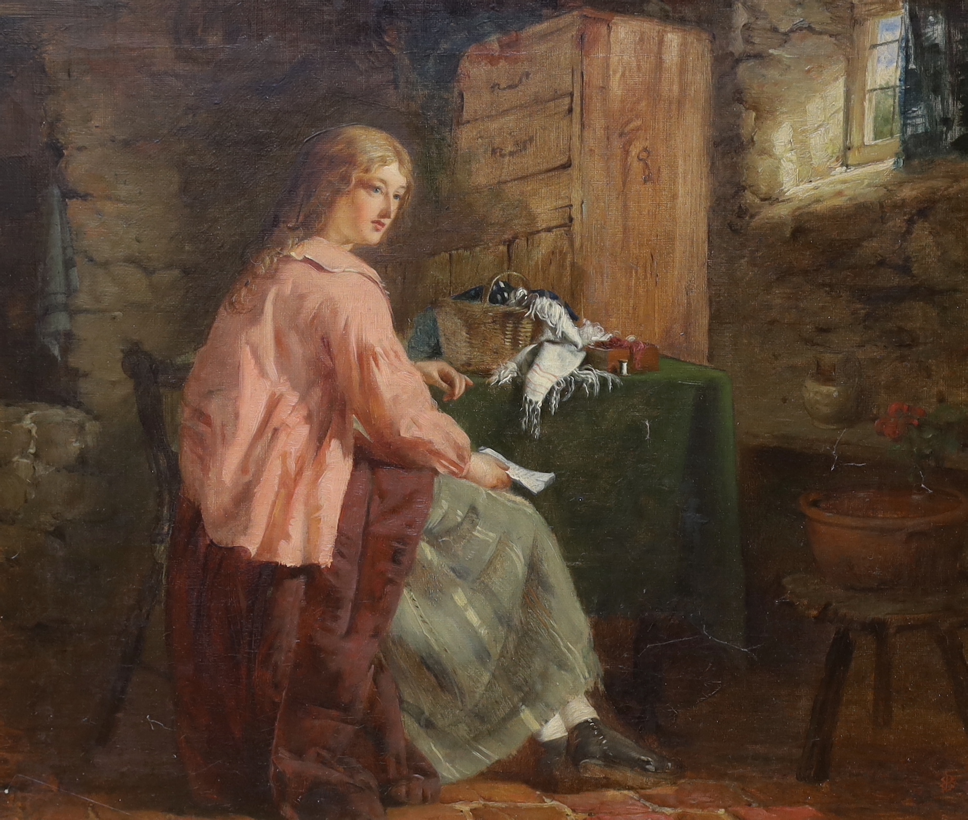 Edward Charles Barnes (1830-1890), oil on canvas, Seated lady in an interior, ornate gilt frame, 39cm x 32cm